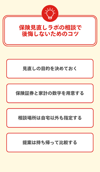 大見出し直下画像 保険見直しラボの相談で後悔しないためのコツ